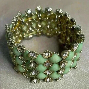 Gold Tone Mint and Crystal Statement Bracelet